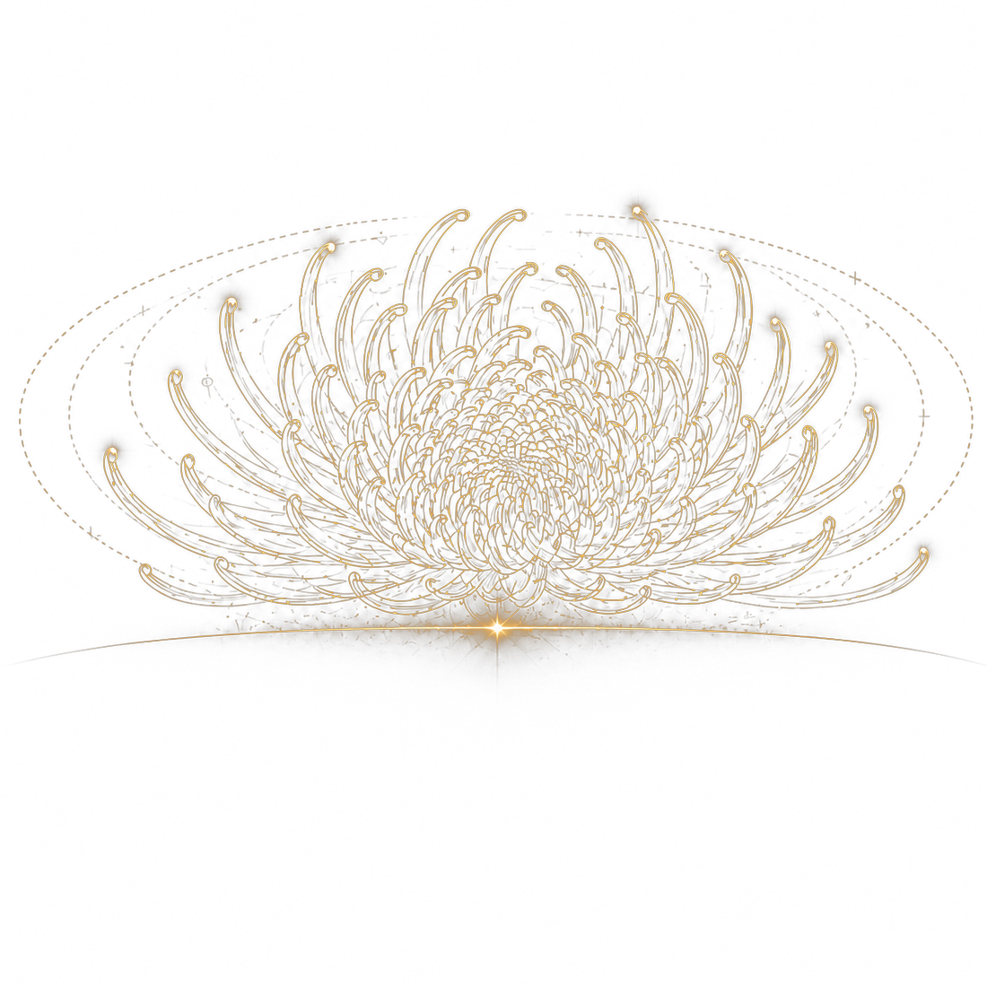 A radiant gold chrysanthemum rising over a glowing horizon